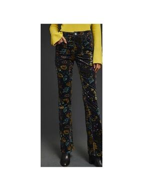 Pilcro Black Floral Velvet Bootcut Pants with Blue & Gold Accents